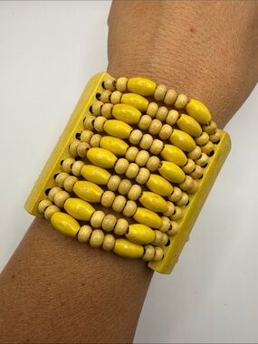Vintage Boho Yellow Wooden Beaded Large Cuff Bangle Statement Bracelet